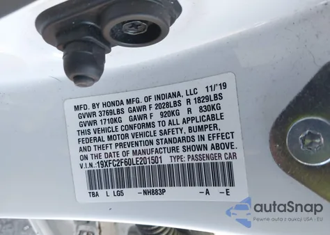 2020 Honda Civic Lx z USA, uszkodzony, nr VIN 19XFC2F60LE201501